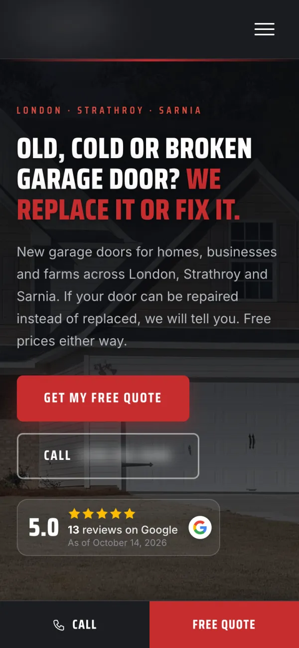 A garage door company's homepage on a phone, with a Get My Free Quote button and its rating on Google. The business name and phone number are blurred.