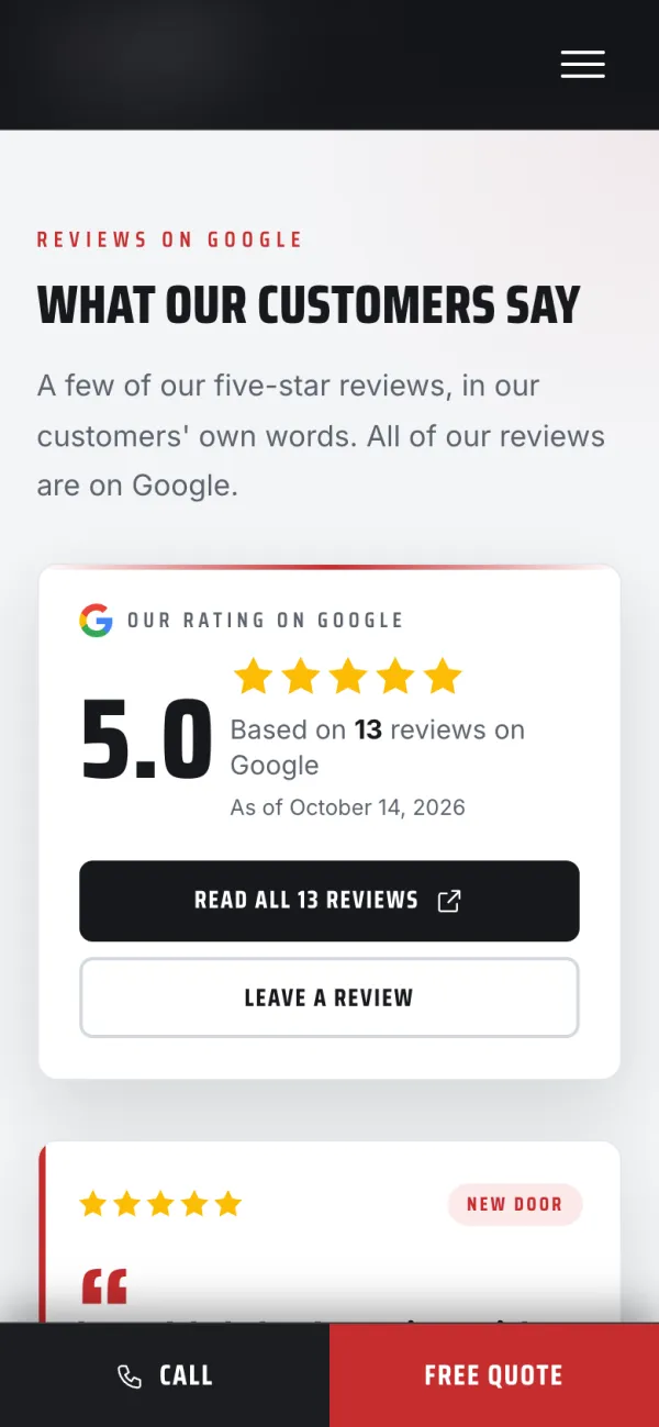The reviews section of a garage door company's website on a phone, showing 5.0 based on 13 reviews on Google, as of October 14, 2026.